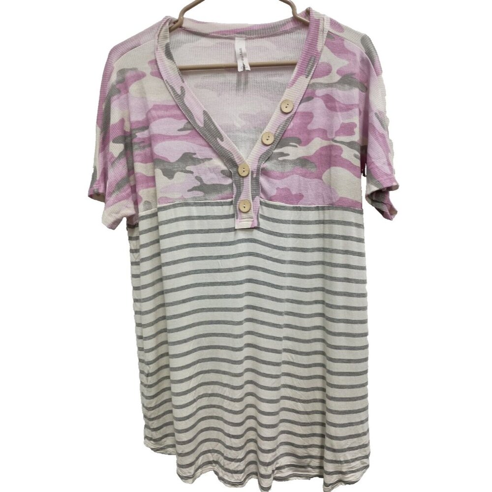 Honeyme BOHO Tunic Top Womens Large Pink White Camo Striped Short Sleeve Casual